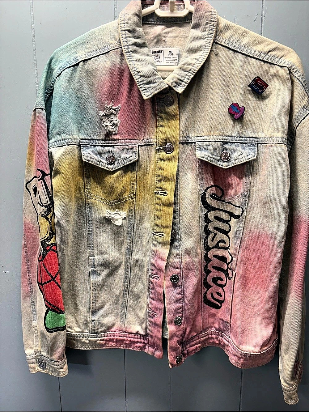 Bazooka Ring Pop Justice Graphic Color Block Denim Jacket XL